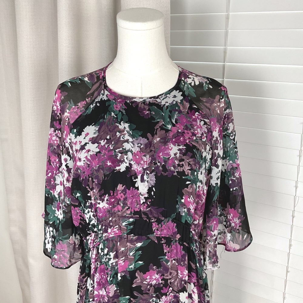 Taylor Floral Maxi Dress Purple Black Flutter Sleeve Smocked Waist Size 12 NEW - Picture 2 of 14